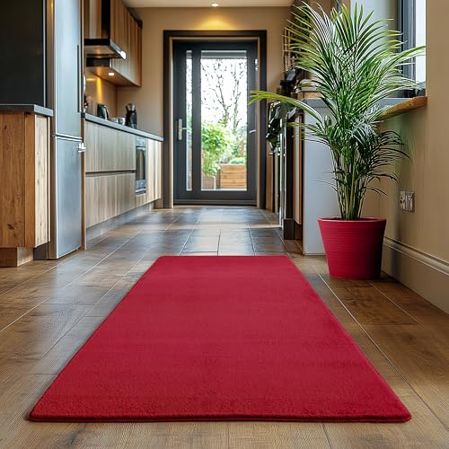 SIMPEX Läufer Teppich Rot 80x150 cm Kurzflor Teppich Waschbar, weich & rutschfest, modernes einfarbiges Design für Schlafzimmer, Küche & Flur