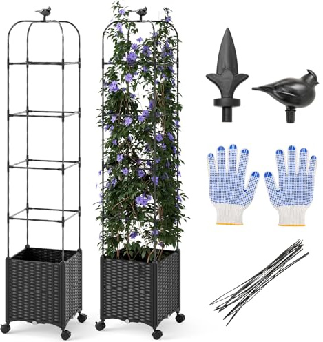 COSTWAY Enrejado de Jardín Obelisco de 106/141/176/211 cm de Alturas Ajustables, Cama de Jardín Elevada con Ruedas con Frenos, Maceta Elevada con Enrejado, Ofricios de Drenaje