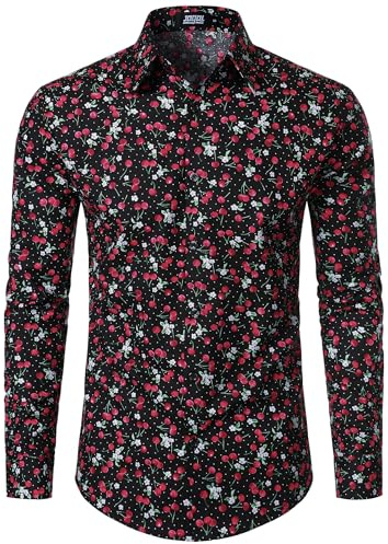 JOGAL Camisa de negocios floral para hombre, manga larga, corte regular, con botones, estampado, camisa de ocio, L