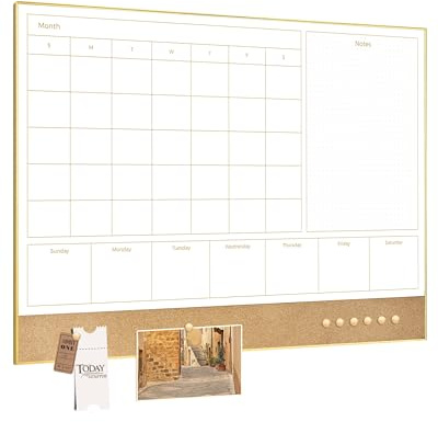 Dry Erase Calendar Whiteboard Cork Board Combo, Magnetic 4-in-1 Calendar White Board, 20 x 30, Gold Frame Monthly Combination Board for Office, Home, School