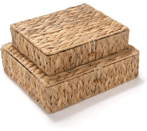 2 Piezas Cesta de Mimbre con Tapa, Cesta de Almacenamiento de Jacinto de Agua, Caja de Almacenamiento Decorativa Tejida para Mesa, Estantería en la Sala, Baño, Dormitorio