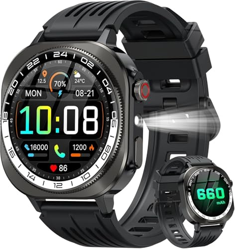 Reloj Inteligente Hombre Mujer Militar, 2026 AMOLED 1.43HD con Llamadas Bluetooth 5.4, 60 Días de Autonomía Smart Watch con Linterna LED,IP68 Impermeable/24/7 Monitor/130+Deportivos/Android iOS