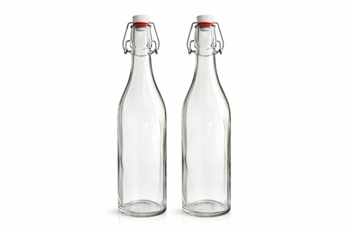 isigno Botellas de Vidrio 1L con Cierre Hermético Pack de 2 Botellas Reutilizables con Tapón de Clip Botella Cristal para Agua Zumo, Bebidas Caseras