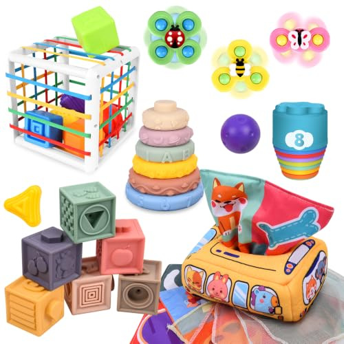 IEEILULU 6 en 1 Jeux Montessori Bébé Eveil, Jouets Sensoriels, Trieur de Formes, Jouets en Blocs, Boite Mouchoir Bebe, Jouets à Empiler, Jeux Montessori pour Bebe 6 9 12 Mois 1 2 3 Ans
