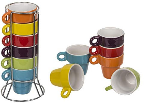 Invero Espresso Vibrant Coloured Stackable Mug Set Stand Includes 6 Ceramic Coffee Cups 60ml (per Cup) and a Chrome Stand
