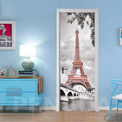 Adesivi per Porte 3D Architettura della torre di Parigi 80x210cm Autoadesivo Carta Parati Porta fotomurali Decorazione da Parete Poster murale Decalcomanie Rimovibile Soggiorno Cucina Camera da letto
