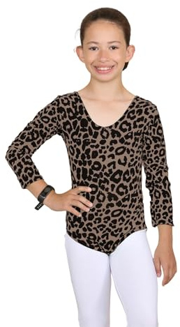 janisramone® Gymnastics Leotards for Girls Long Sleeve Leopard Print Top | Swimming Costume Girls Gymnastics Leotards, Long Sleeve Crew Neck Stretchy Fabric Activewear ballet leotard for girls