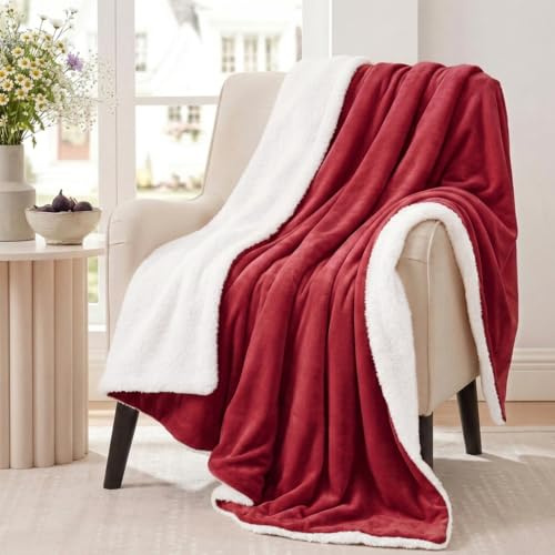 Aisbo Sherpa Fleece Throw Blanket Red - Fluffy Thick Warm Blanket for Sofa Couch Throw Single Size, Solid Microfiber Bed Blanket Soft Throws for Travel, 130x150cm