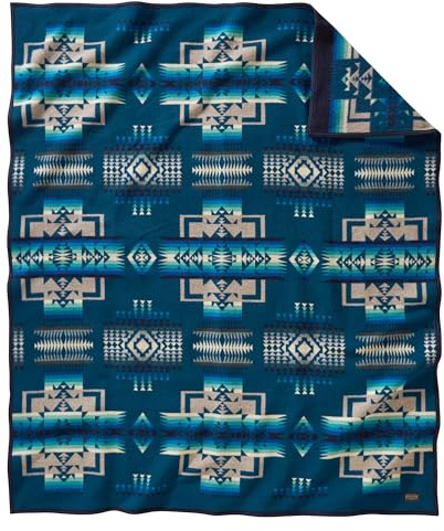 Pendleton Chief Joseph Jacquard Wool Blanket 64 x 80, Reversible Throw Blanket, Wool Felt Binding, Breathable, Napped for Softness, Great for Home and Travel - Aegean