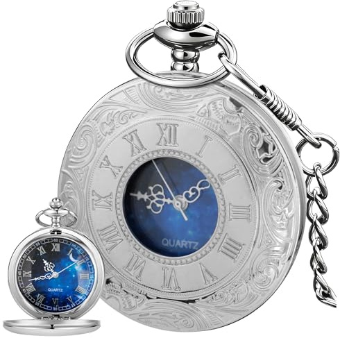 Tiong Vintage Pocket Watch Roman Numerals Scale Blue Starry Night Moon Dial Christmas Graduation Birthday Gifts Fathers Day(Silver)
