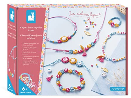 Janod - Coffret 6 Bijoux Fleurs à Créer en Perles de Rocaille - Les Ateliers Bijoux - Kit Loisir Créatif Enfant - Apprentissage Motricité Fine et Créativité - Dès 6 ans - J07998
