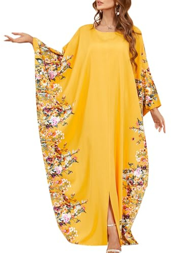 ODIZLI Kaftan Dresses for Women Dubai Ramadan Eid Abaya Dress Robe Batwing Sleeve Loose Fit Maxi Dress Beach Kaftan Caftan Muslim Clothes for Women Embroidered Ethnic Shirts Dress Yellow One Size