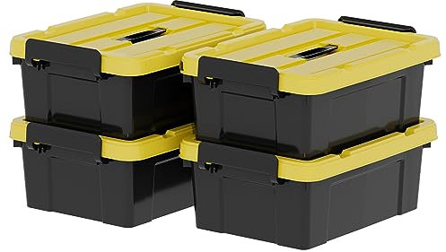 Cetomo 4 scatole portaoggetti in plastica da 15 l con coperchi, maniglia e fibbie a scatto, per attrezzi all'aperto, giardino, garage, casa, durevole, resistente, impilabile, impilabile, nero e