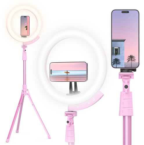 UBeesize 12'' LED Ring Light with 62'' Tripod Stand and Magnetic Phone Holder, Selfie Ring Light for Video Recording, Live Streaming, Compatible with iPhone & Android (Pink)