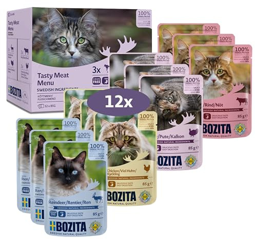 Bozita Nassfutter Häppchen in Sauce mit Fleisch - 12x85g Portionsbeutel getreidefreies & weizenfreies Futter für Katzen - Katzennassfutter für erwachsene Katzen mit 8,5% Protein & 4,5% Fettgehalt