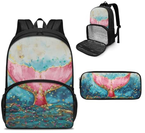 NETILGEN Sac à dos isotherme pour ordinateur portable avec trousse à crayons pour pique-nique, voyage, travail, cadeau pour femme, Peinture queue de poisson rose, Taille unique, Sacs à dos de jour