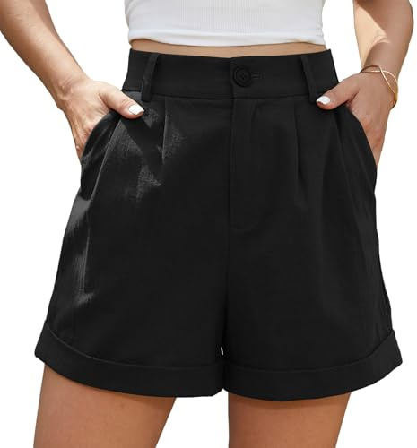 BEIGAI Short d'été en lin pour femme - Taille haute - Fermeture éclair - Ourlet enveloppant - Jambe large avec poches, Noir , XXL