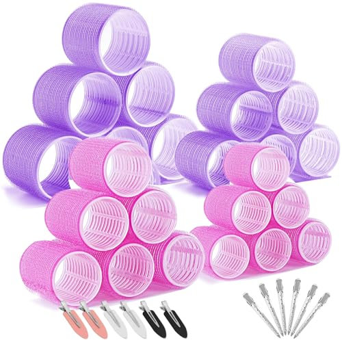 Yolistar Set di 48 bigodini per capelli autoadesivi senza calore, con 4 misure 64/44/36/25 mm, con 12 clip per capelli lunghi e corti (rosa e viola)