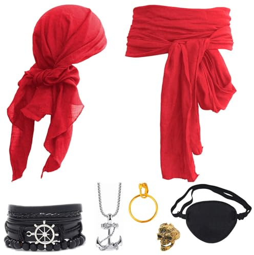 Ginkago medeltida piratdräkt tillbehör set kvinnor män pirater utklädnad tillbehör huvudduk ögonlapp örhängen halsband armband höftduk för halloween cosplay party (röd-7 st)