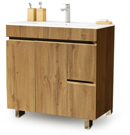EL BAÑO MODERNO Juego Mueble Baño con Lavabo. Mueble Lavabo 80 cm. Mueble Bajo Lavabo Compacto Preinstalado de Fábrica. Mueble Baño con Lavabo 80 cm con Pie de Porcelana. No Incluye Espejo.