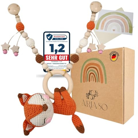 ARIASO® Cadena para cochecito de bebé de madera y algodón, diseño de zorro de ganchillo, juguete de madera para cochecito, adecuada para niñas a partir de 0 meses, incluye tarjeta de regalo (rosa rojo