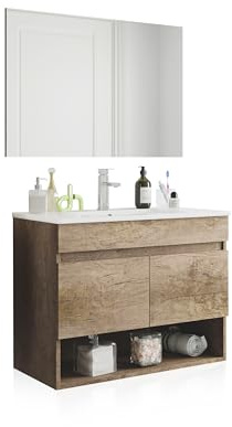 duehome | Mueble de Baño Suspendido con 2 Puertas y Espejo, Modulo Colgante, Modelo Thai, Acabado en Nordik, Medidas: 80 cm (Ancho) x 64 cm (Alto) x 45 cm (Fondo)