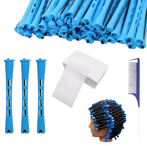 Set completo di 60 piccoli bigodini permanenti, 0,35 pollici, colore blu, per capelli