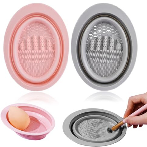 JYNXOR 2 Pcs Silikon Faltbarer Make Up Pinselreiniger, Make-Up Pinsel Reinigungsmatte, Pinsel-Schrubber, Schüssel, Tragbares Waschwerkzeug, Tragbares Kosmetische Bürste Reinigungspad (Rosa/Grau)