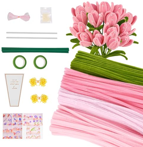 Kuvarix 400 stycken piprensare blomset, piprensare för pyssel blommor (4 färger), bukett gör-det-själv pysselset med blomstjälkar, band, ståndare, instruktioner, limpennor etc. (rosa)