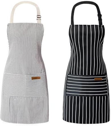 Culinavog 2 Pezzi Grembiule da Cucina Regolabile con Tasche, Grembiuli in Cotone e Lino, Unisex, per Barbecue, Cucina, Giardinaggio, Dipingere, Lavori Domestici, Righe
