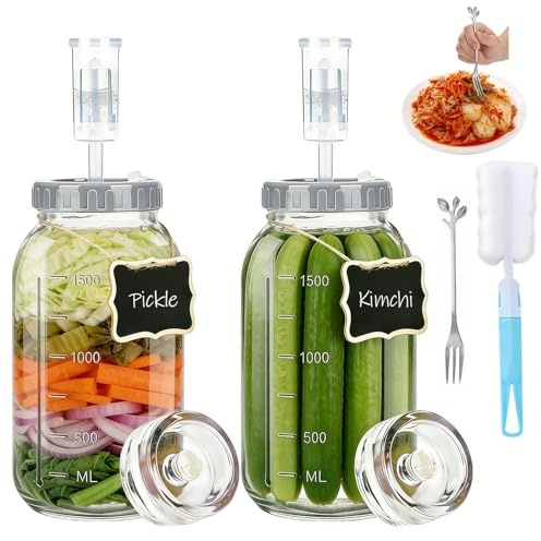 agctrler Lot de 2 bocaux de fermentation de 2 l avec 2 poids de fermentation de 7 cm de diamètre, 1 fourchette en acier inoxydable, 1 brosse, récipient Kimchi avec valve de fermentation et poids pour