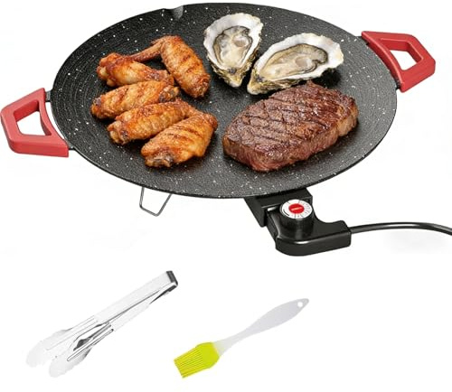 Non-Stick Electric Indoor Grill Pan, Portable Electric Indoor Grill Adjustable Temperature Nonstick Smokeless Round Griddle Portable Korean Bbq Grills for Steaks, Pancakes, and BBQ (15.75)