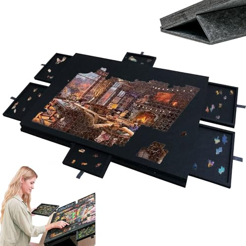 Vippande Pusselbräda, 1000 Bitars Pusselbräda Med 2-i-1 Designad Ställning Och Lock, Lätt Vikt Filtlagringsväska Med 6 Lådor För Vuxna, Bärbart Pusselbord 1500 pieces Black