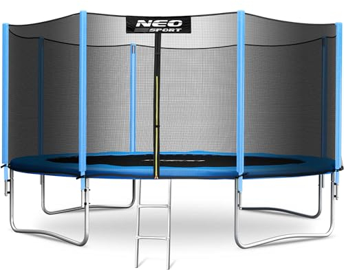 Neo-Sport Trampolin Outdoor Kinder Gartentrampolin Sicherheitsnetz Außen Leiter Gepolsterte Stangen Wetterfest Rostfrei Belastbar bis 150 kg Blau Schwarz 374 cm