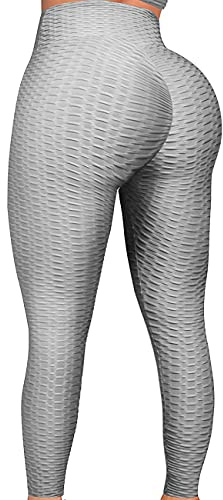 FITTOO Tiktok Damen Honeycomb Anti Cellulite Leggings Booty Scrunch Hohe Taille Push Up Boom Booty Sport Leggings Stretch Gym Yogahosen Grau, XS