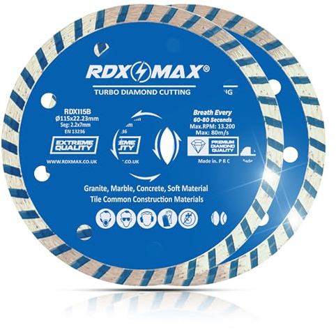 RDXMAX ® 115mm Diamond Cutting Discs for Angle Grinder-Super Thin Fast,Clean Cut on Porcelain,Granite,Marble,Concrete,Tiles,Stones,Bricks & Ceramics-4.5 Wheel -Size 115 x2.2 x22.23mm- (2 Pack)