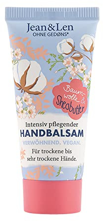 Jean&Len Handbalsam Baumwolle & Sheabutter, balsamo mani per pelli da secche a molto secche, nutre in profondità e delicatamente, senza parabeni e siliconi, vegano, in piccolo formato da 20 ml