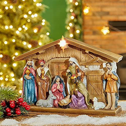 Glitzhome Lighted Resin Nativity Figurines House Countertop Christmas Ornaments Nativity Scene Figure Tabletop Crafts Statue Miniatures Xmas Collectibles Baby Jesus Gifts for Home Shelf Decor 12.5