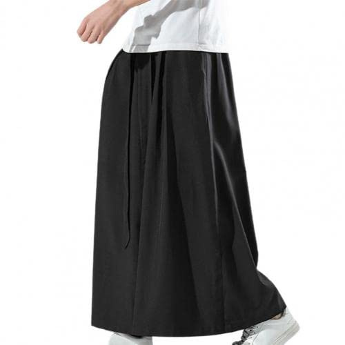 Pantalon de Kung Fu Hakama en Soie de Glace Noire pour Homme avec Un Pantalon Large Chinois Kimono Wushu à Fond Large Black 2XL