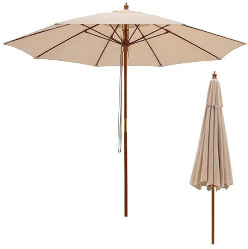 COSTWAY Parasol de Jardin Pliable 2,9M avec Mécanisme de Poulie à Corde Poteau en Bois 8 Baleines en Fibre de Verre pour Cour (Beige)
