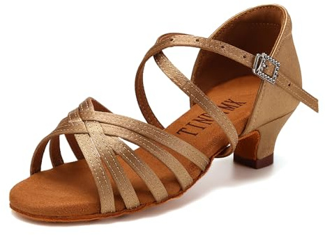 TINRYMX latinska dansskor flickor satin dansskor övning tango salsa balsal dansskor, modell EM-PUXGG, Dbwb beige mocka sula 1 57 tum, 36 EU