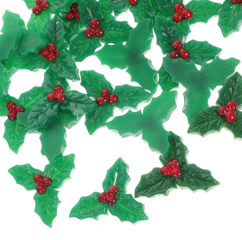 30Pcs Holly Leaves and Berries Resin Ornaments for Christmas DIY Crafts Decorations for Christmas Trees Wreaths Holiday Decor