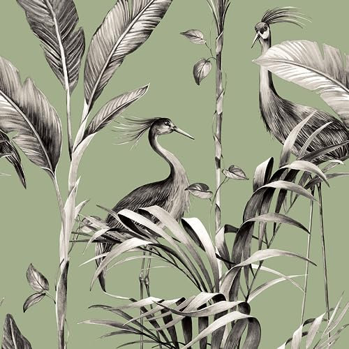 World of Wallpaper Azzurra Leaf Birds Palm Leaves Wallpaper Sage Green/Grey 9512