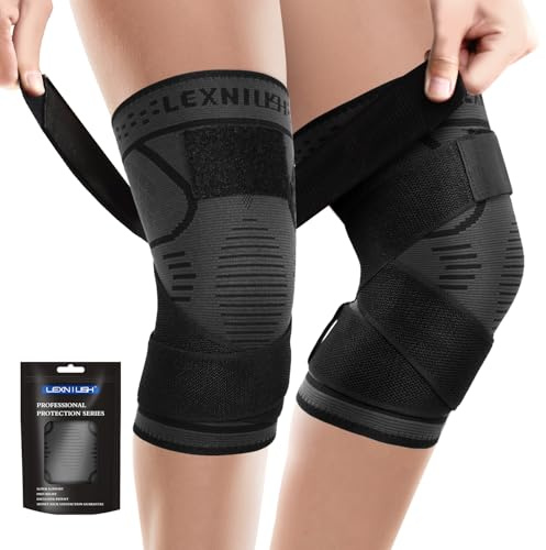 2 x Kniebandage Damen Männer, Einstellbares Kompression Kniestütze mit Riemen, Medizinischer Knieorthese für Meniskusriss, Arthritis, Linderung von Knieschmerzen, ACL, Laufen, Sport, Schwarz
