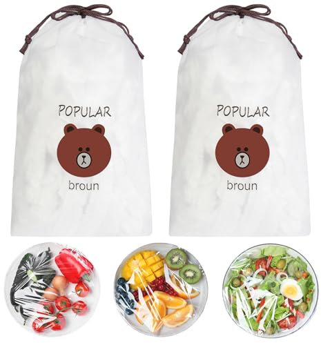 AMFUN 200 Pcs Fresh Keeping Bags, Food Covers Plastic Stretch, Cling Film Food Storage Covers, Preservation Bags, Elastic Storage Cover for Fruit Preservation and Food Storage
