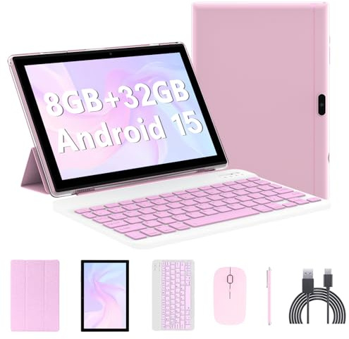 10 inch Tablet with Keyboard 2 in 1 Android 15 Tablets Include Case Wireless Mouse Stylus 6000mAh battery 8GB+32GB/1024GB Expandable 10.1 Tableta, Dual Camera tab 5G WiFi-6 Bluetooth Tablet PC (Pink)