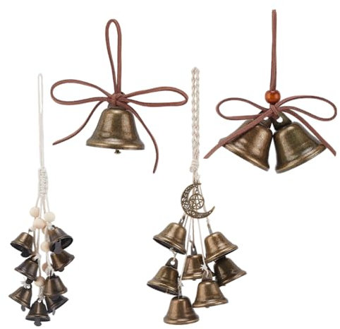PH PandaHall 4pcs Cloches Suspendues de Noël Cloches Vintage Rustiques Carillons Éoliens de Décor Cloches Magiques en Métal avec Corde de Suspension pour Halloween Noël Maison Jardin Poignée de Porte