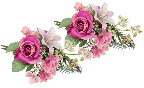 Kunstblumen-Strauß Rosen Lilien Hortensie 35cm 2er Set Blumensträuße Seidenblume Dekoblume Bouquet Hochzeit Blume Mittelstück Tischdeko unecht Grableger Grabschmuck Aufleger GrabdekoGrabblume, Rosa