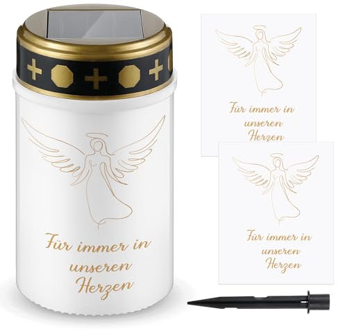 Nezyo 1 Vela Solare para Cementerio con Estaca Lámpara Conmemorativa Resistente al Agua Lámpara para Tumba con 2 Pegatinas Velas Eléctricas y LED(Blanco,Ángel)