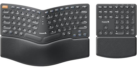 ProtoArc EK04 Teclado ergonómico inalámbrico, teclado Ergo inalámbrico USB de 2.4 GHz con teclado numérico separado, diseño dividido, reposamuñecas duro, recargable, para PC con Windows, laptop